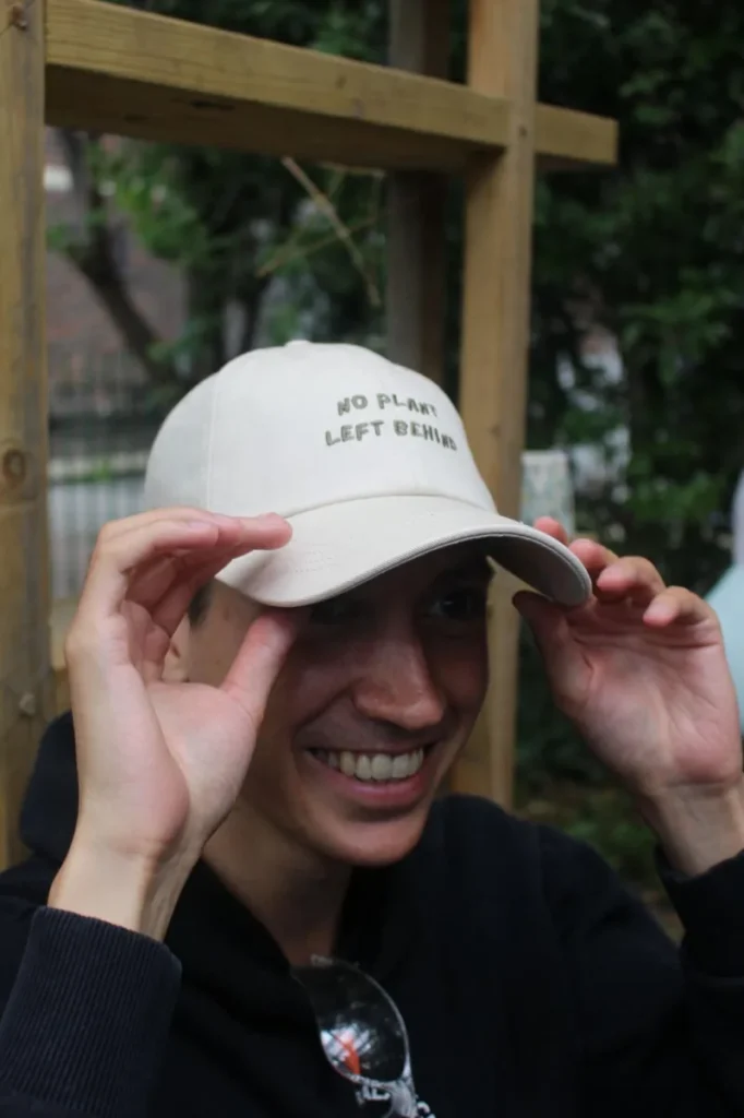 Trying on the cream cap