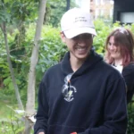 Wearing the cream cap at a garden volunteering day