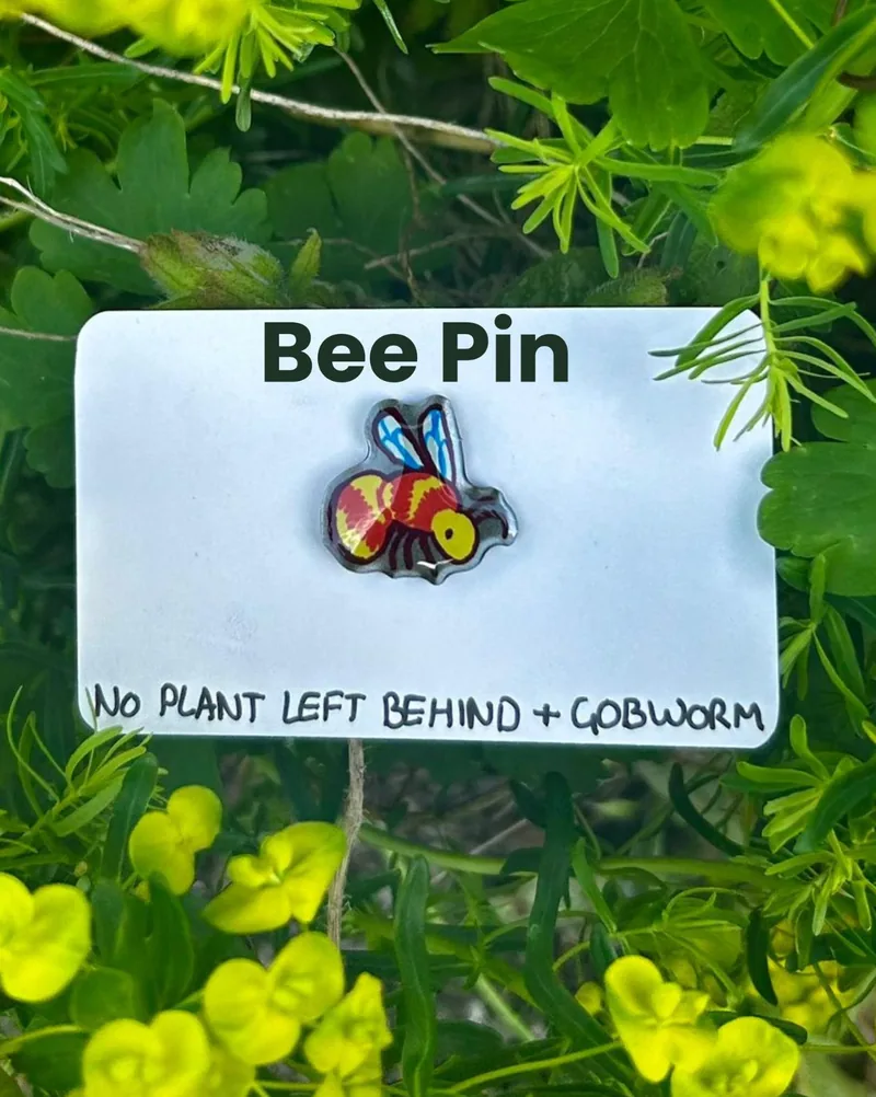 The bee pin on its backing card